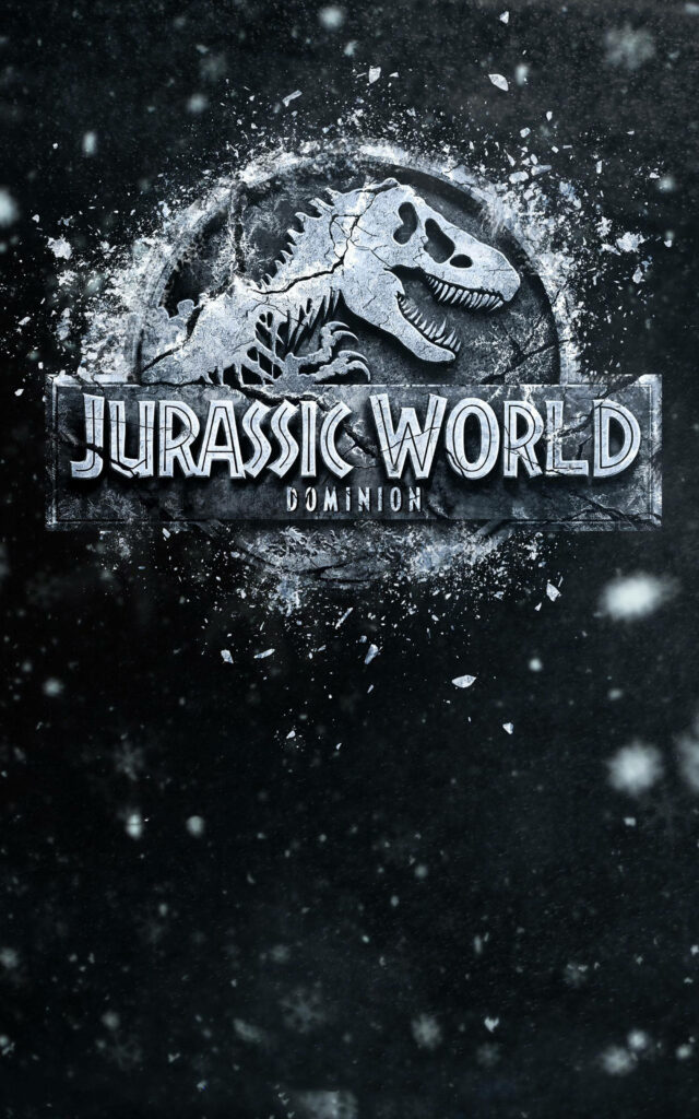 Jurassic World Dominion poster with snowy dinosaur logo on dark winter background wallpaper