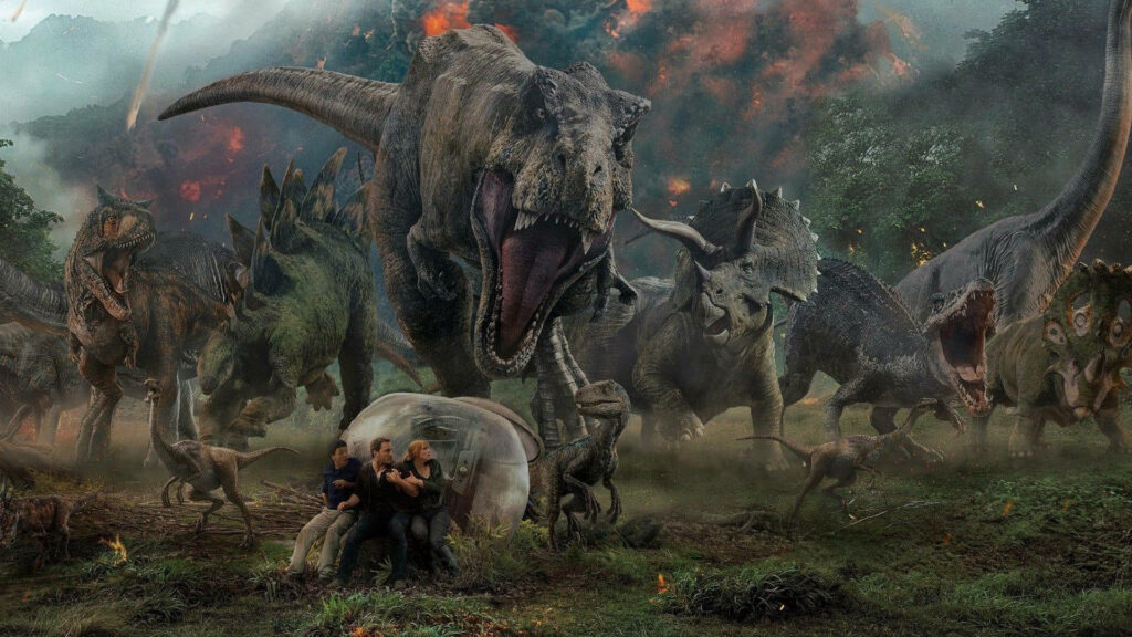 Jurassic World Dominion volcano eruption with roaring T-Rex raptors charging people fear wallpaper
