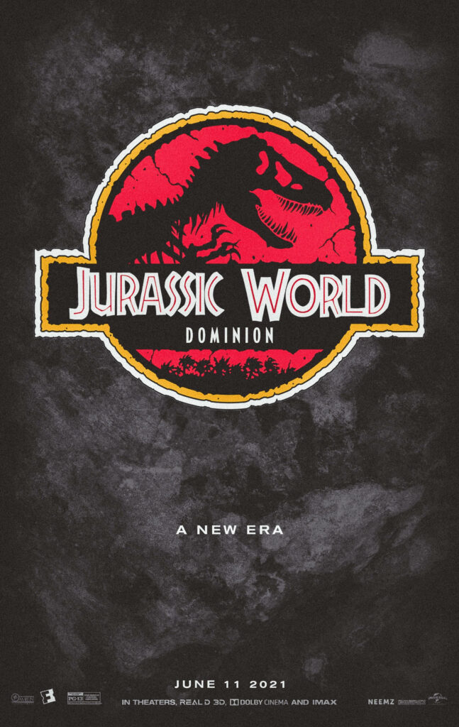 Jurassic World Dominion wallpaper with iconic logo and bold dinosaur silhouette background