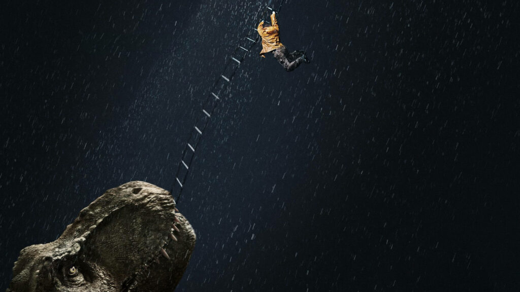 Epic Jurassic World Wallpaper: Child Climbs Ladder with T-Rex Below