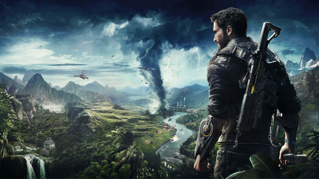 Just Cause 4 wallpaper Rico Rodriguez tropical mountain with tornado explosions military action