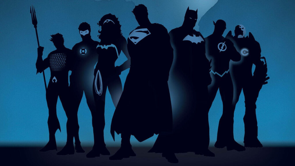Blue minimal Justice League wallpaper with iconic superhero silhouettes on gradient background