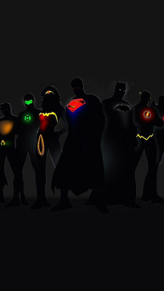 Glowing Justice League silhouettes with iconic emblems and accessories on dark phone wallpaper