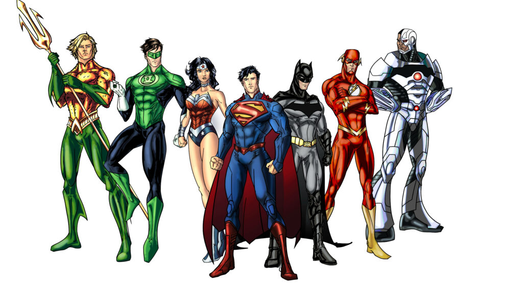 Justice League heroes Aquaman Green Lantern Wonder Woman Superman Batman Flash Cyborg posing Wallpaper