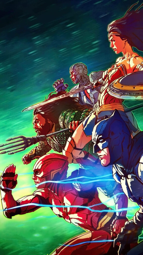 Justice League side view featuring Flash Batman Aquaman Cyborg Wonder Woman charging green background Wallpaper