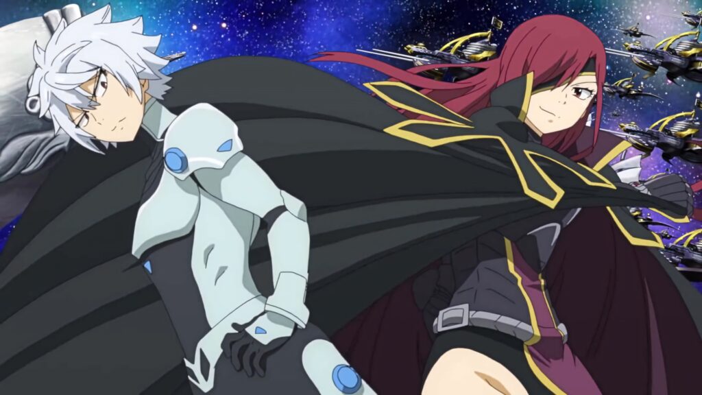 Justice and Elsie Crimson back to back in futuristic armor with cosmic sci fi spaceship background Wallpaper