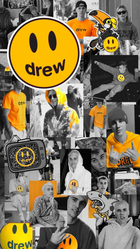 Justin Bieber collage wallpaper with Drew House outfits and yellow smiley face logos background