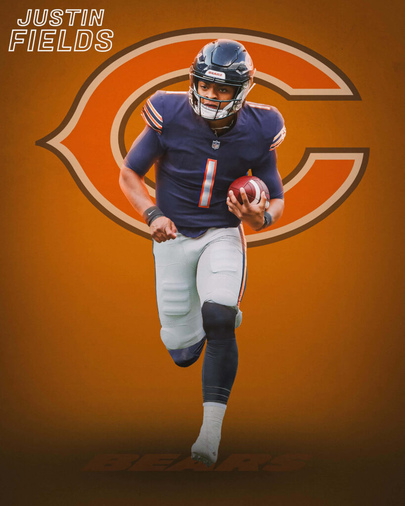 Justin Fields Chicago Bears jersey orange background Bears logo dynamic sports wallpaper