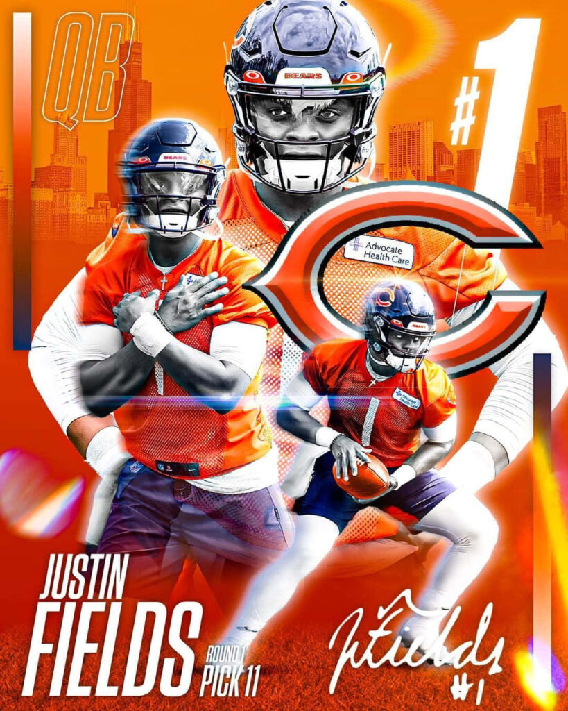 Justin Fields Chicago Bears digital art wallpaper with city skyline vibrant orange white background