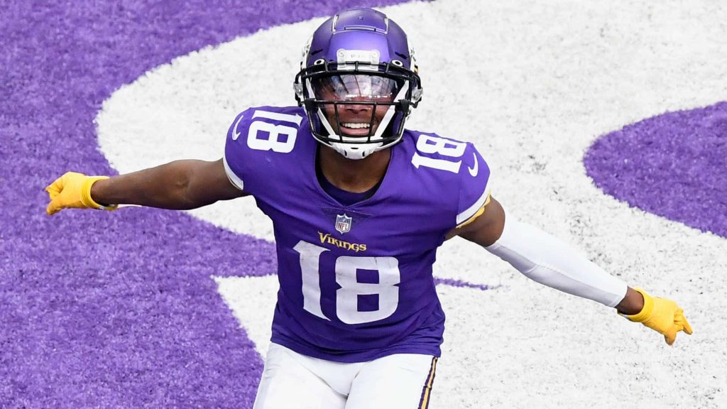 Justin Jefferson Vikings jersey #18 performing Griddy dance touchdown celebration wallpaper