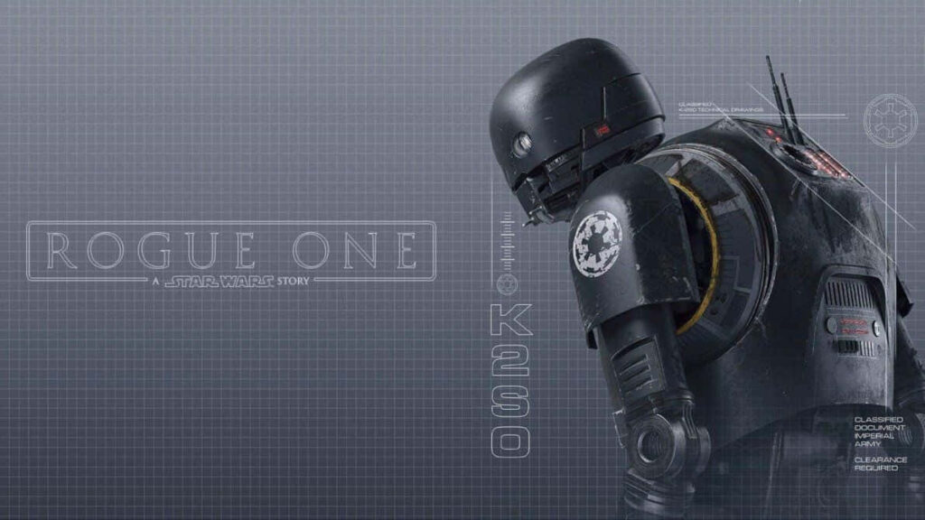 K-2SO Wallpaper: Detailed Imperial Droid Against Blueprint Background