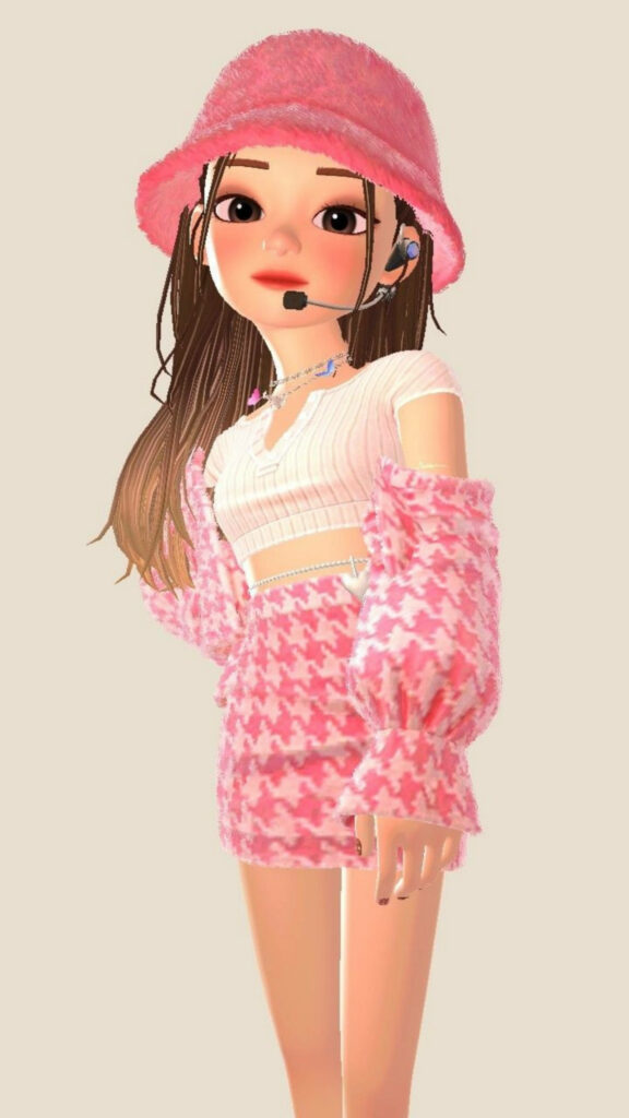 Charming K-pop Idol Girl in Pink Plaid Skirt and Fluffy Hat: A Captivating Zepeto Avatar Wallpaper