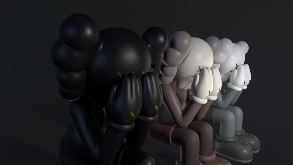 KAWS Companion Passing Through sculptures in gradient colors sitting side by side dark background Wallpaper