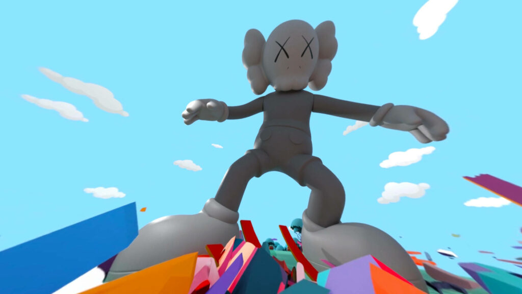 KAWS Companion towering against blue sky with clouds and vibrant geometric shapes wallpaper
