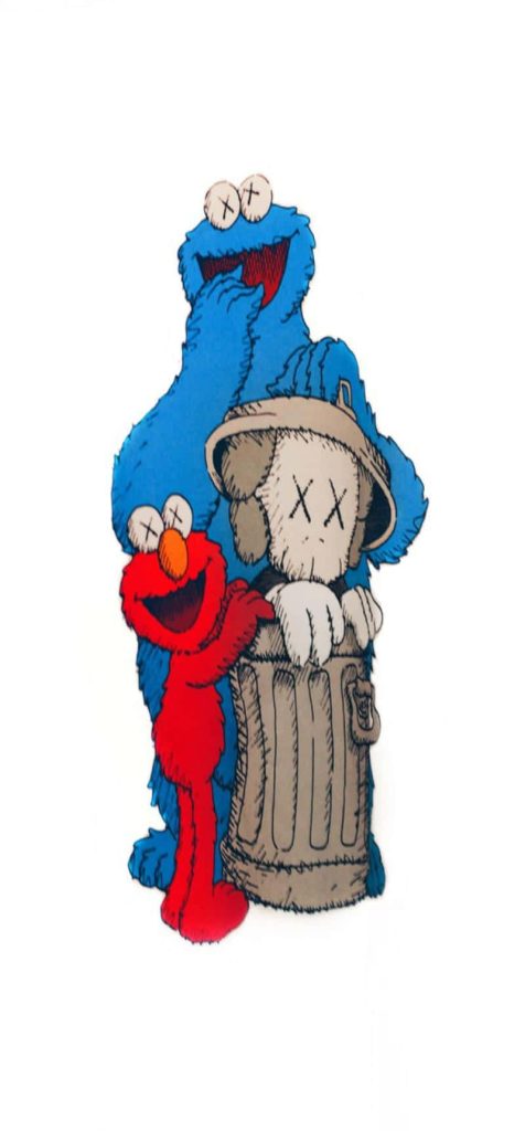 KAWS-inspired Sesame Street illustration with Cookie Monster Elmo Oscar the Grouch XX eyes Wallpaper