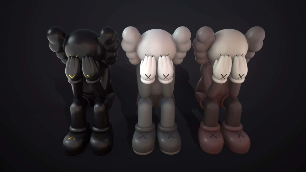 Three KAWS Passing Through Open Edition figures with hands on faces on dark wallpaper background
