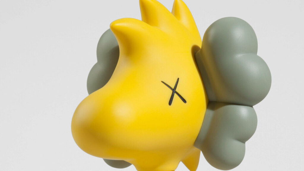 KAWS style Woodstock Peanuts wallpaper with yellow bird crossed-out eyes and grey accents background