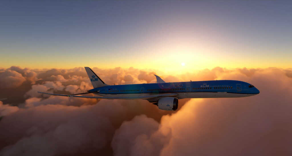 KLM's Orange Pride Soars Above a Stunning Sunset: Flight Simulator Unveils Spectacular Desktop Wallpaper