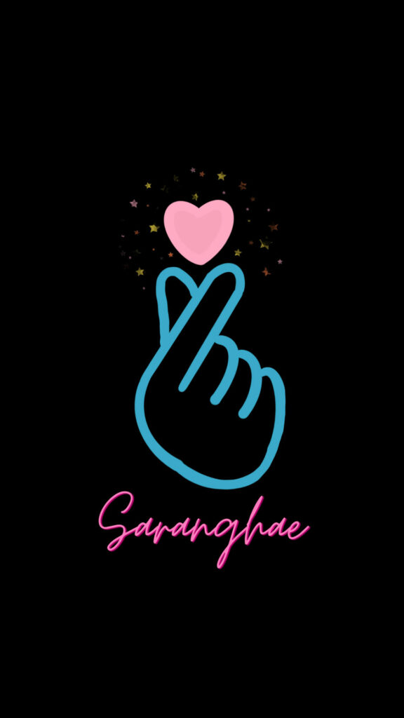 KPop Neon Wallpaper: Finger Heart & Saranghae in Elegant Style