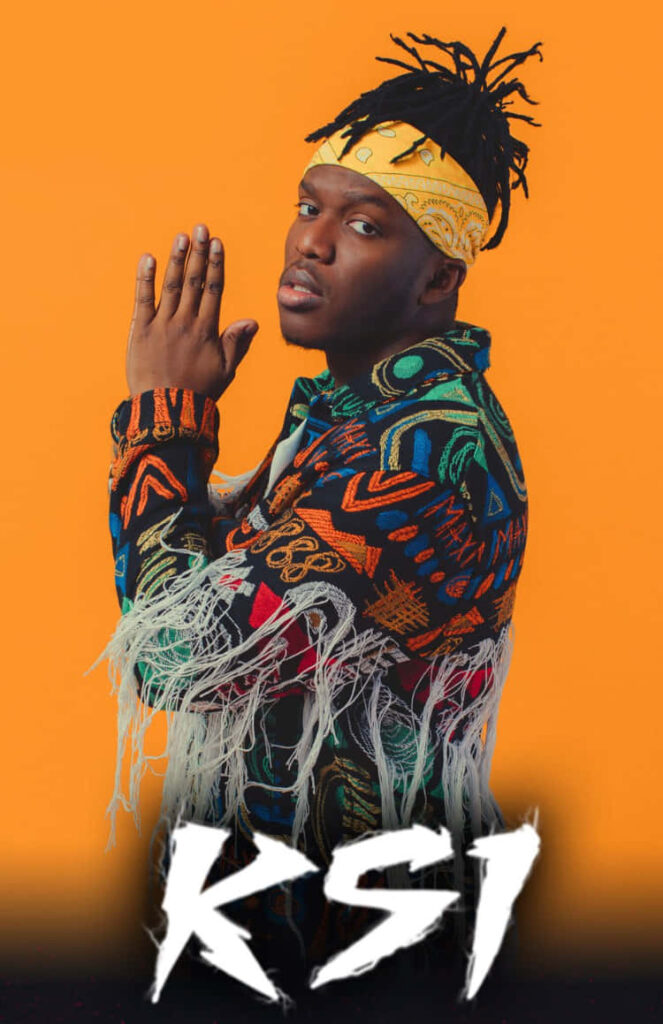 KSI in colorful jacket yellow bandana orange background British influencer boxer musician YouTuber Wallpaper