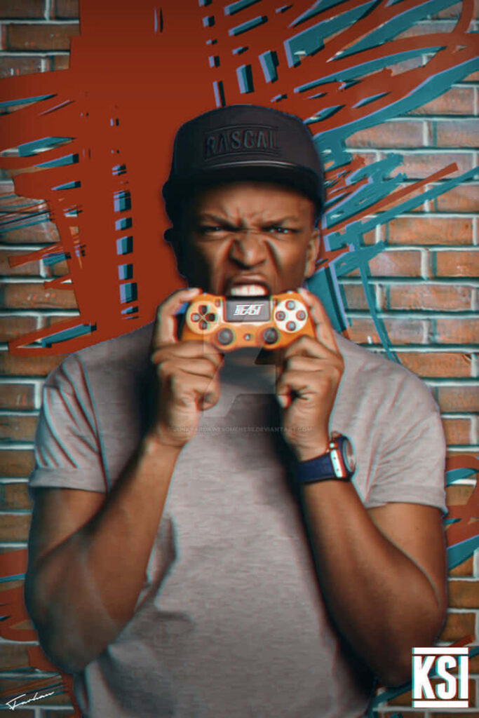 KSI celebrating victory holding game controller with urban artistic graffiti background wallpaper