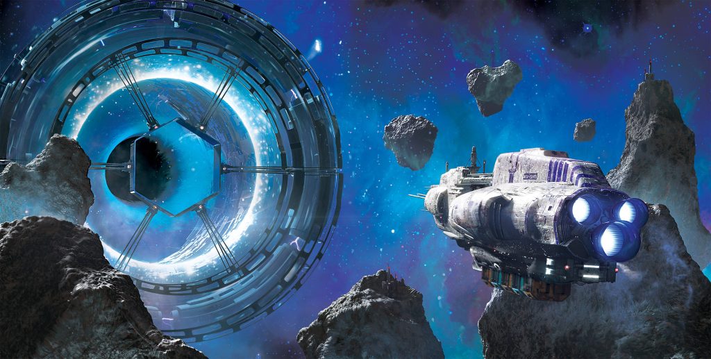 KV-SH5 spaceship near glowing warp gate in deep blue nebula with floating asteroids space wallpaper