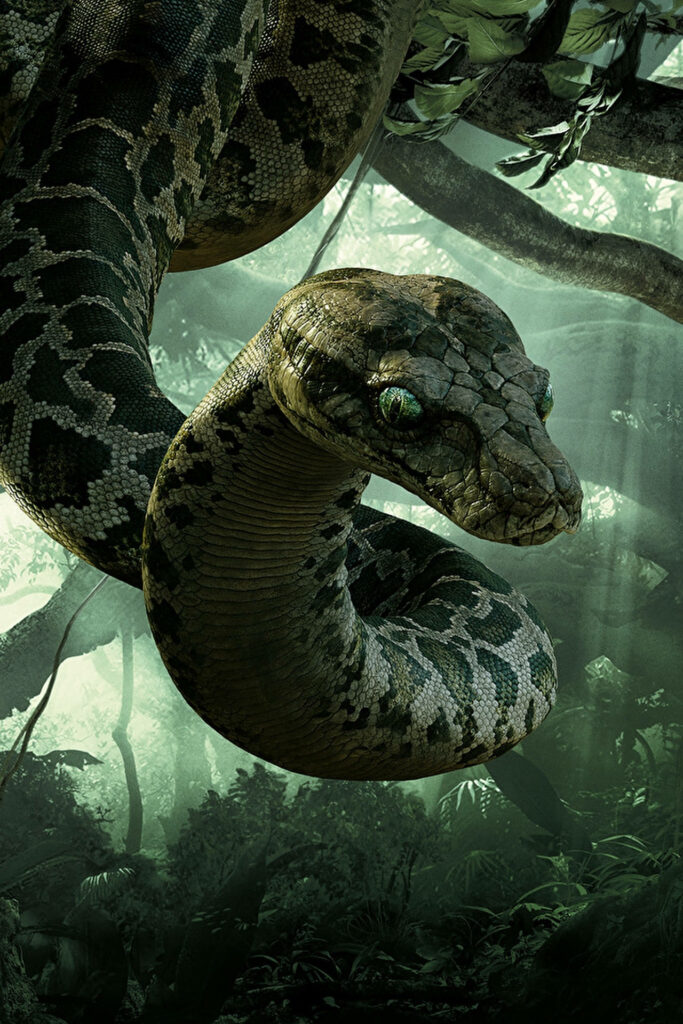 Kaa the hypnotic snake coiled on jungle branches with lush green forest background wallpaper