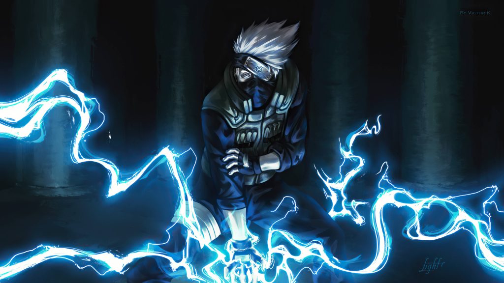 Kakashi Hatake crouching with blue Chidori lightning in dramatic 4K Naruto digital art wallpaper