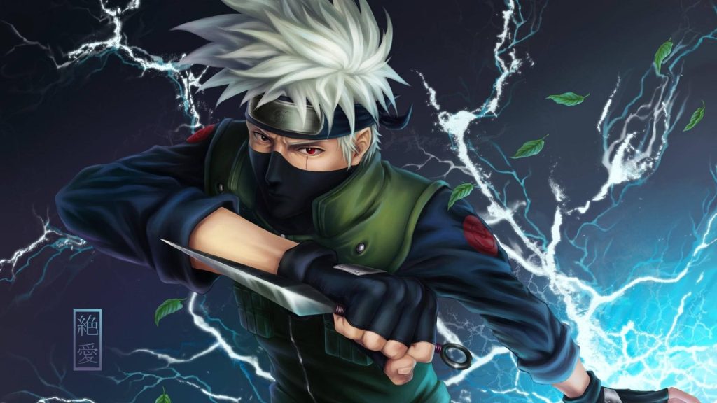 Kakashi Hatake Naruto PC wallpaper with kunai swirling leaves and blue Chidori lightning