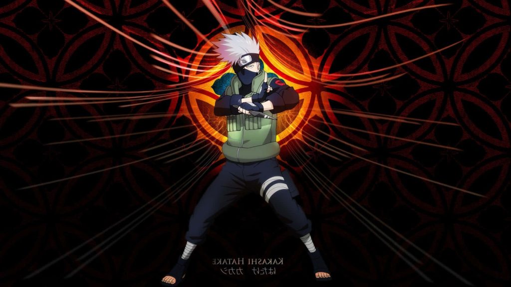 Kakashi Hatake anime wallpaper with glowing red Sharingan background and ninja jounin gear