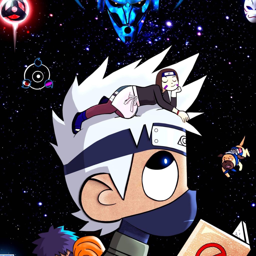 Kakashi Hatake in Lil Uzi Vert style with Rin Nohara and Pakkun cosmic anime wallpaper background