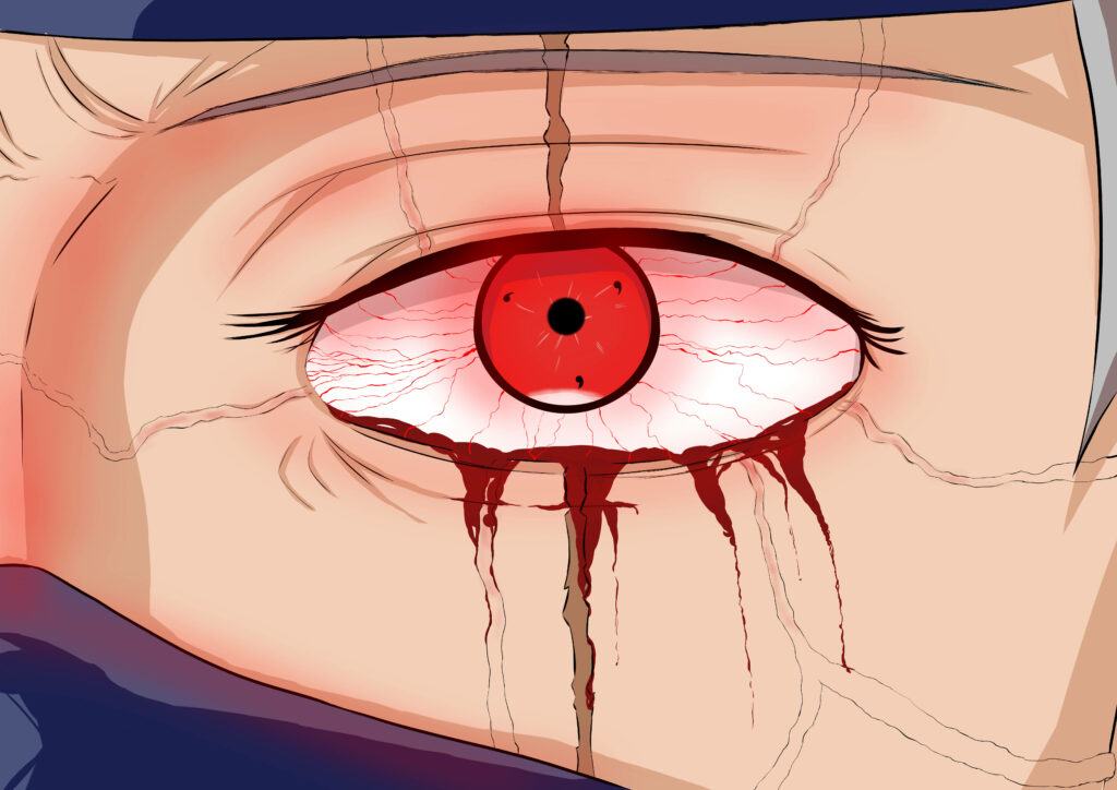 Kakashi Sharingan eye close-up vivid red hues anime Naruto intense power wallpaper background