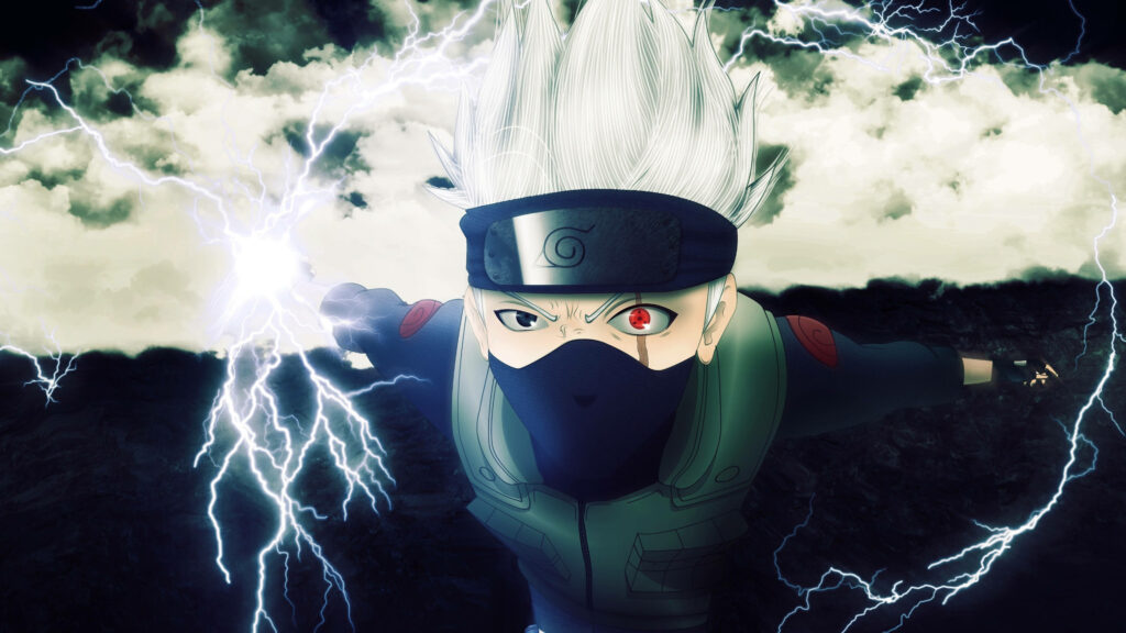 Kakashi Hatake anime 4K wallpaper lightning cutter Sharingan eye stormy sky background