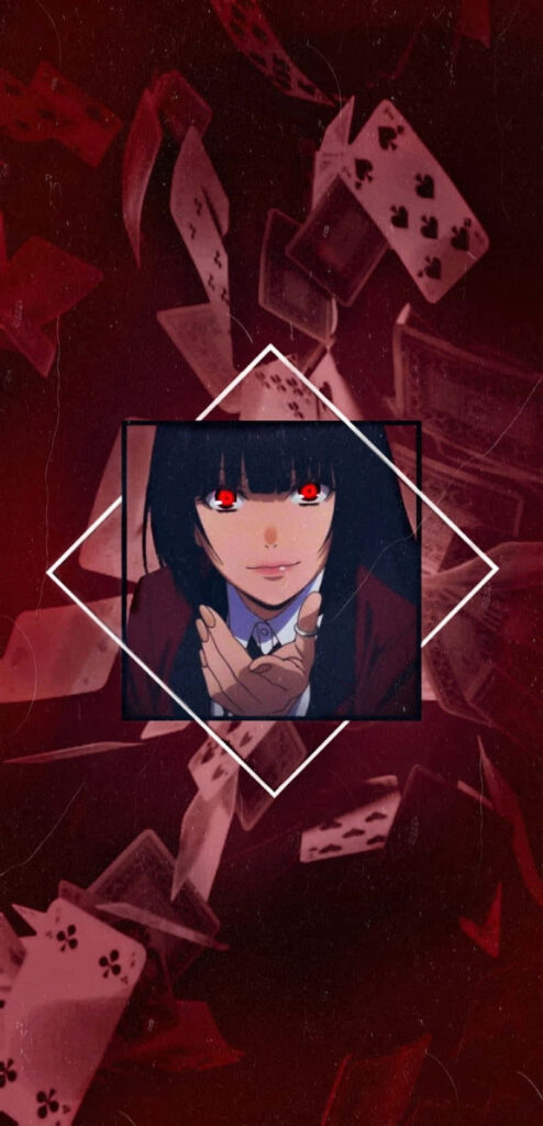 Intense Kakegurui Wallpaper: Character with Red Eyes & Card Play