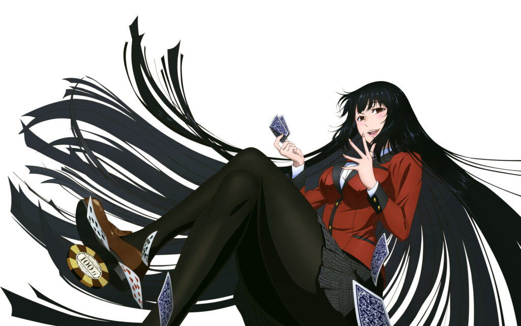 Captivating Jabami Yumeko from Kakegurui with playing cards - High-stakes gambling anime character in red blazer & black hair. Wallpaper
