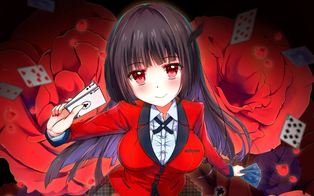 Jabami Yumeko from Kakegurui surrounded by cards and red flowers in HD wallpaper