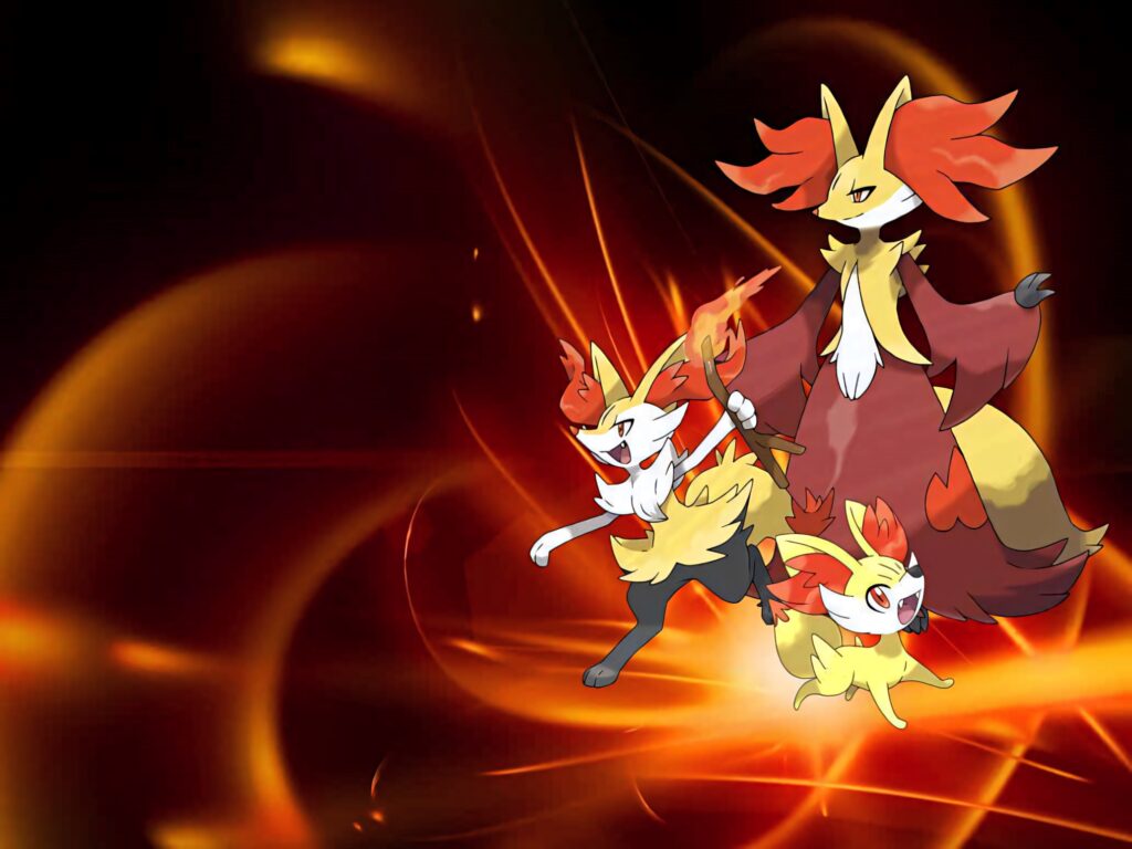 Kalos Fire-type starters Fennekin Braixen Delphox with fiery flames Pokémon wallpaper background