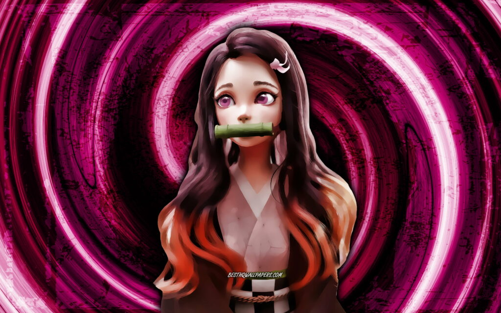 Nezuko Kamado: Unleashing Demonic Power amidst a Purple Grunge Vortex - Kimetsu No Yaiba's Resilient Demon Hunter in Manga-Inspired 4K Wallpaper