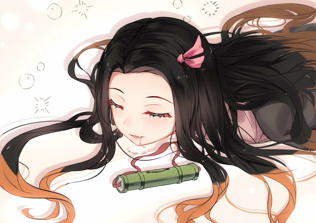 Graceful Rest: Kamado Nezuko Embraces Tranquility in Stunning HD Wallpaper from Anime Series Demon Slayer: Kimetsu no Yaiba