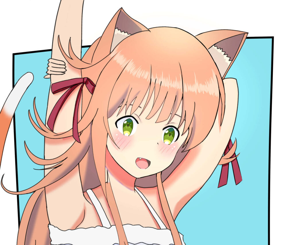 Kanade from Beast Tamer with cat ears cheerful expression on vibrant blue wallpaper background