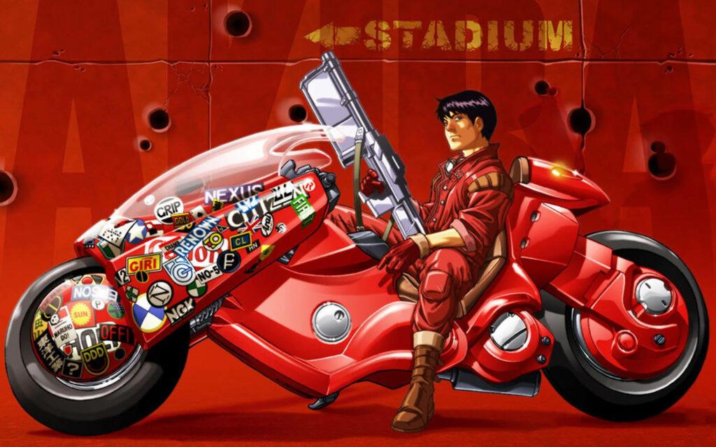 Kaneda's Iconic Red Bike Takes Center Stage amid Urban Street Art: Akira Background Scene Wallpaper