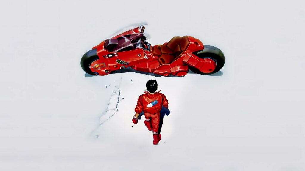 Kaneda's Anime Adventure: Red-suited Man and his Iconic Motorcycle in HD Wallpaper