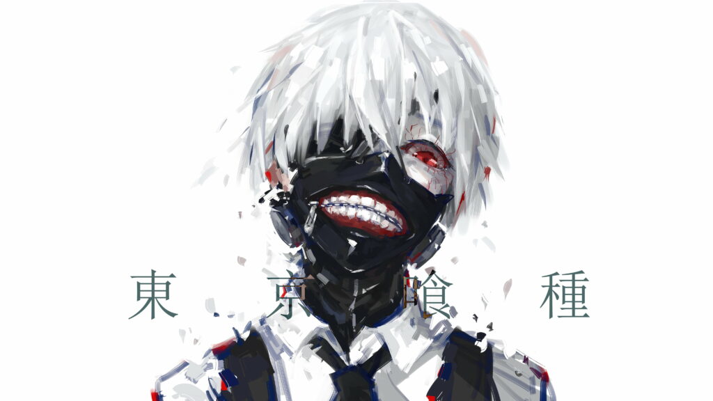 Striking 4K Kaneki Ken Fan Art from Tokyo Ghoul - Haunting Expression with Ghoul Mask - Dark, Intense Atmosphere - Minimalistic Background - Blood-Red Accents Wallpaper