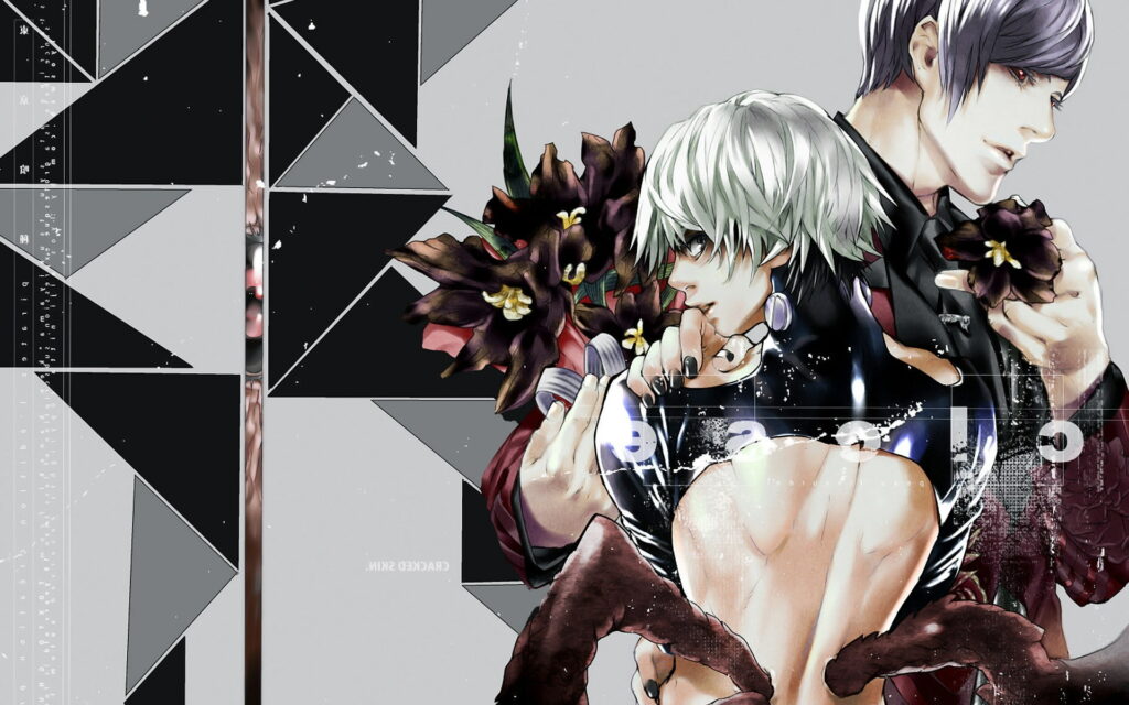Dynamic Kaneki Ken Artwork: Modern Anime Portrait with White Hair and Eye Patch in Action Pose against Abstract Background Wallpaper