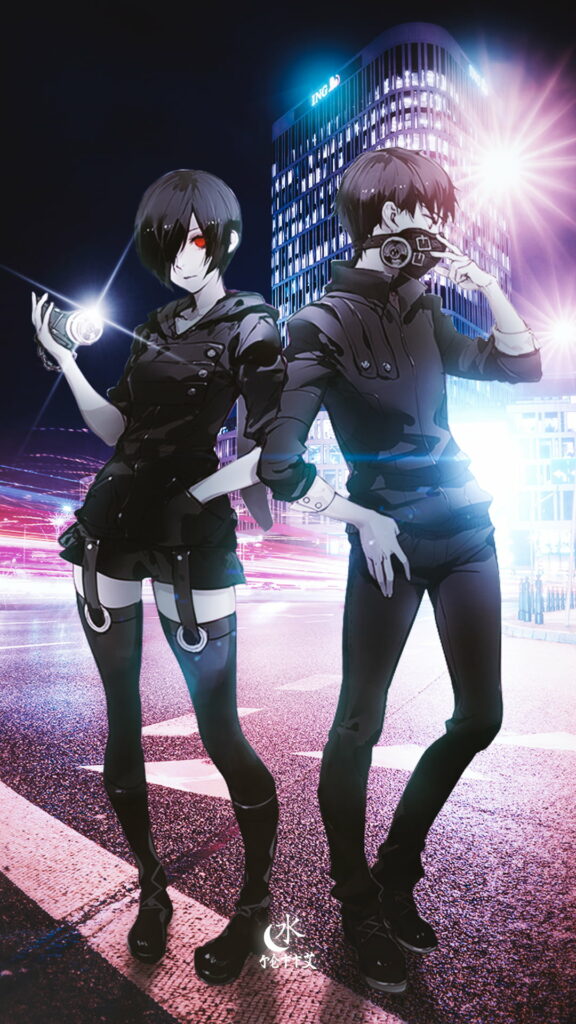 Kaneki and Touka Embrace: Tokyo Ghoul's Radiant Rainbow Romance in City Lights - HD Anime Wallpaper