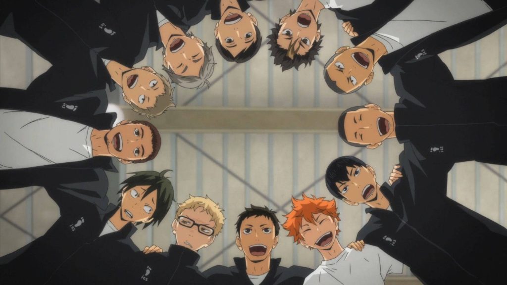 Karasuno High volleyball team huddle with Hinata and Kageyama in black jackets anime wallpaper