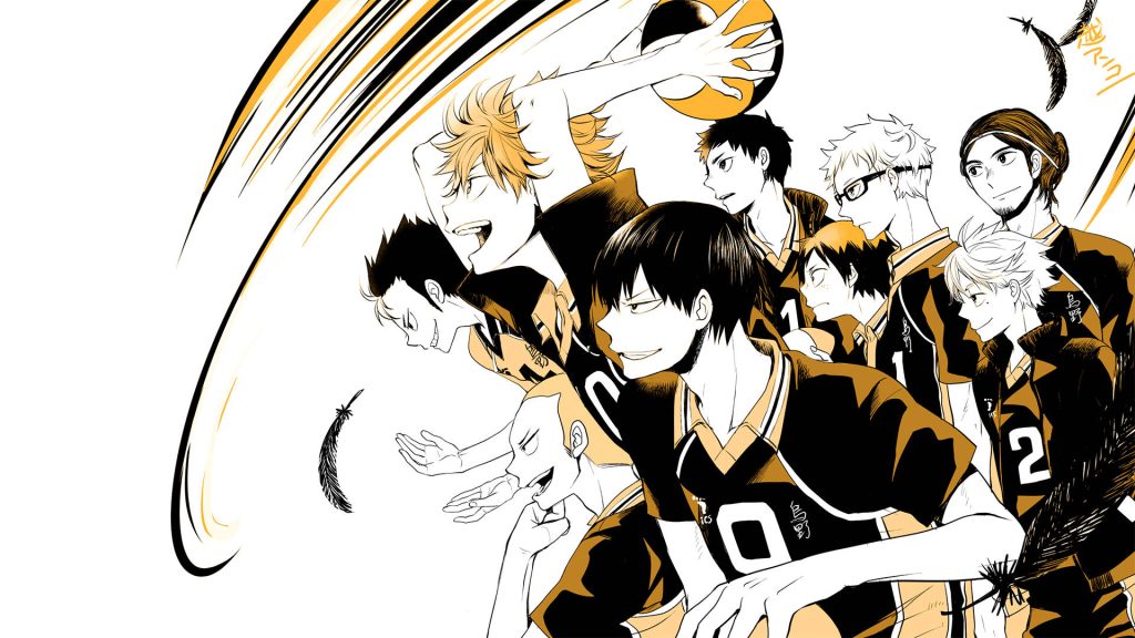 Haikyu Karasuno volleyball team anime wallpaper featuring Hinata Kageyama in bold black orange
