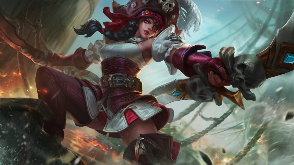 Karina Phantom Pirate skin Mobile Legends wallpaper fierce warrior dual skull swords ship deck