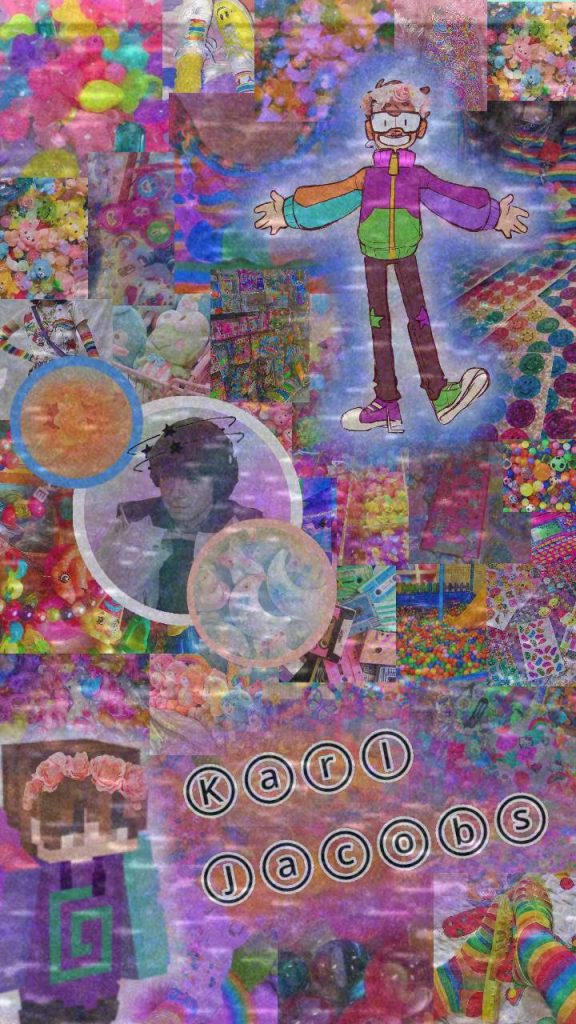 Vibrant Karl Jacobs collage with animated and Minecraft skins on neon kidcore rainbow background Wallpaper