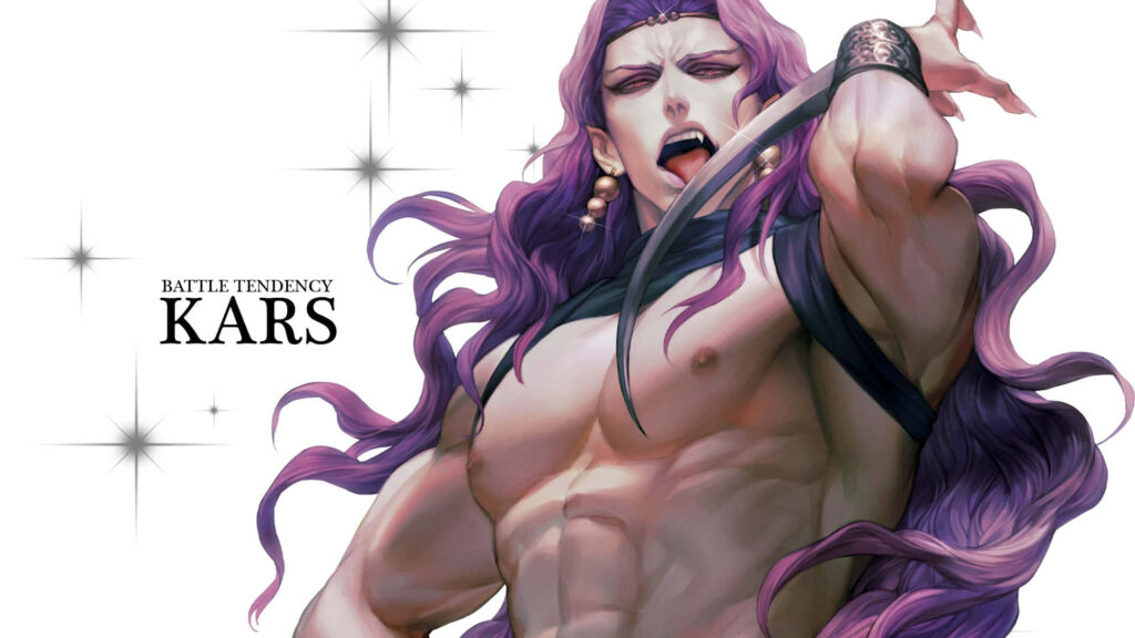 Kars from Battle Tendency intense pose with flowing purple hair dramatic anime wallpaper background